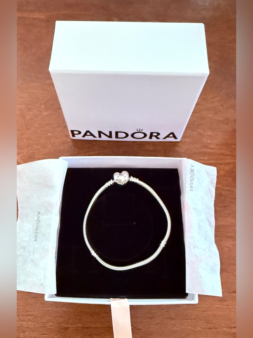 Pandora Silver Heart Clasp Snake Chain Bracelet 6.3”
